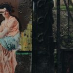 A creative collage of a lady in classical attire against a textured street wall near an ornate gate.