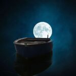 boat, water, fishing, contrast, reflection, peace of mind, moon, full moon, super moon, light reflections, nature, moon shadow